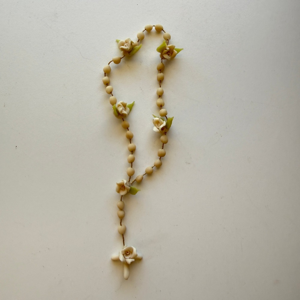 Vintage Cream Porcelain Rosebud Rosary anklet/bookmark Floral Cross Jewelry